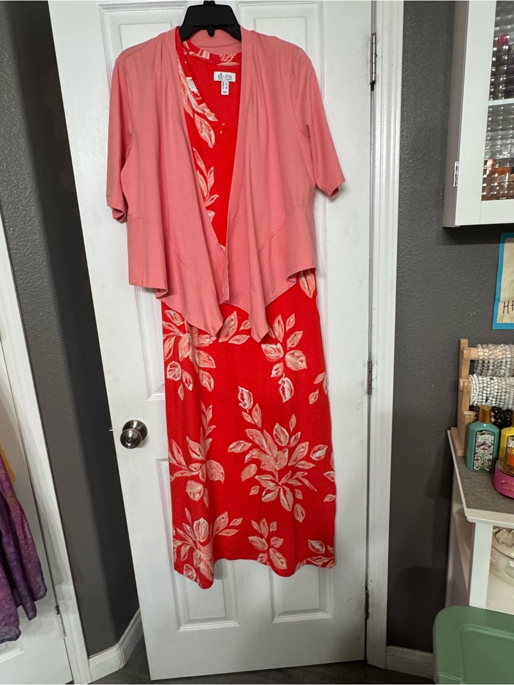 d&Co Floral Orange Midi Dress with Salmon Overlay L